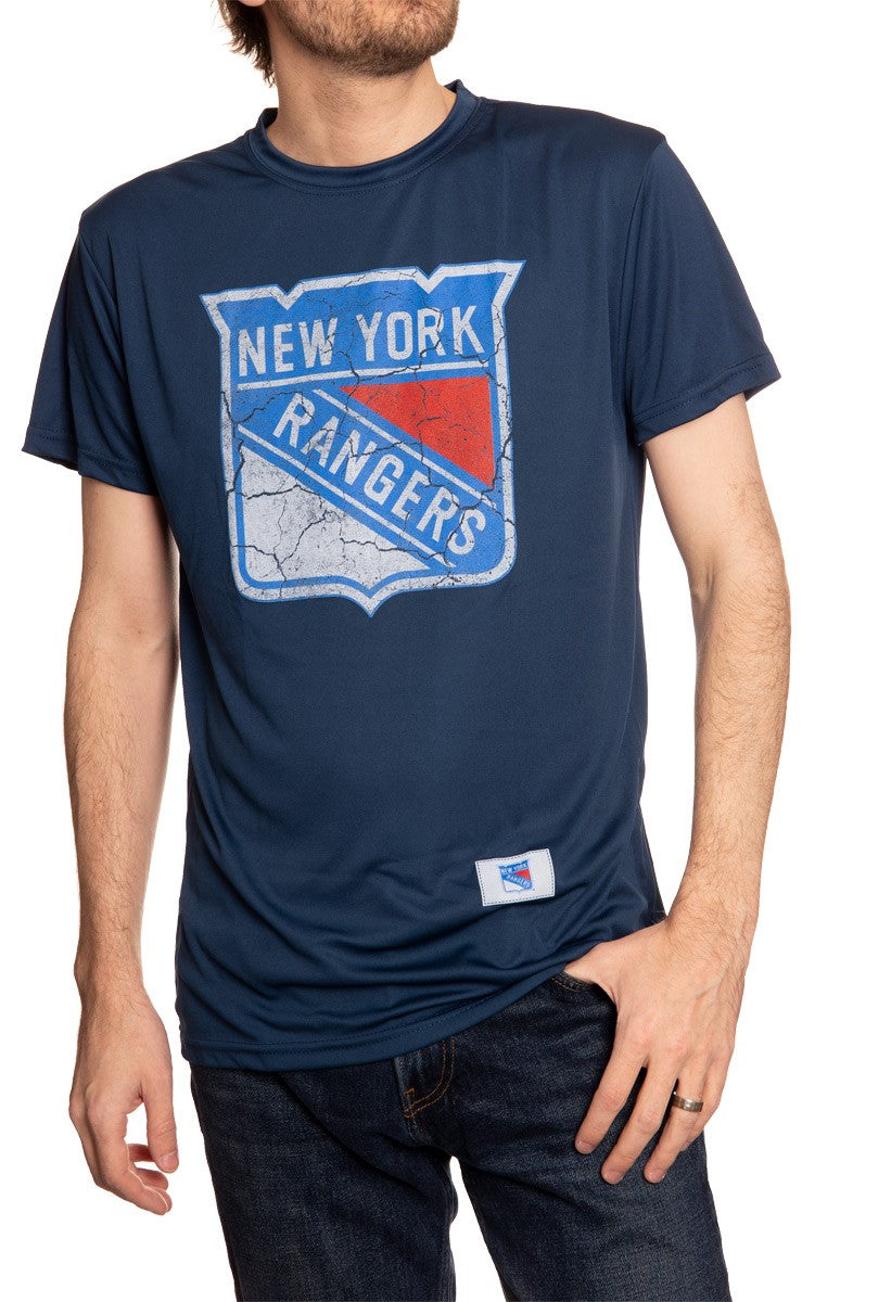 New York Rangers Distressed Logo Short Sleeve Shirt in Blue, Front View.