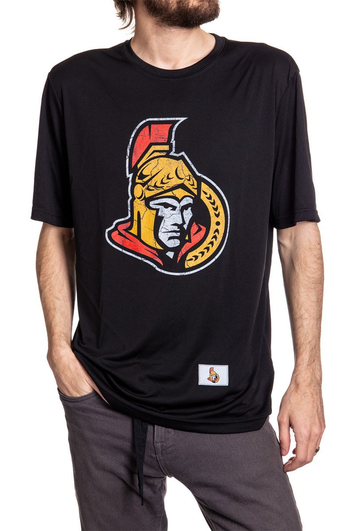 Ottawa Senators Short Sleeve Rashguard in Black, Distressed Logo on Front.