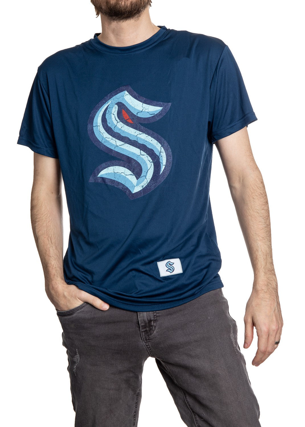 Calhoun NHL Surf & Skate Seattle Kraken Mens Shoulder Stripe Varsity Inset Sleeve Retro Style T-Shirt
