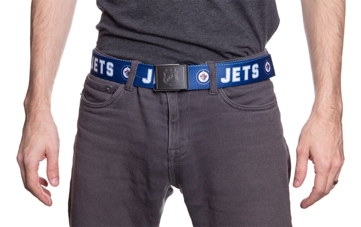 NHL Mens Woven Adjustable Team Logo Belt- Winnipeg Jets Man Wearing Belt Front