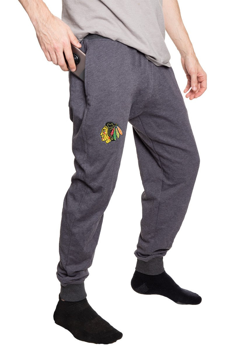 Chicago Blackhawks French Terry Jogger Pants side view. Embroidered logo.