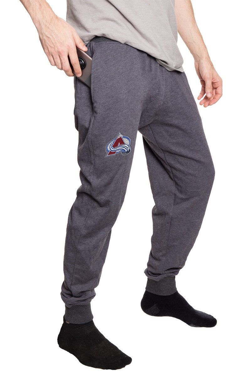 Colorado Avalanche French Terry Jogger Sweatpants side view. Embroidered logo on pant leg. 