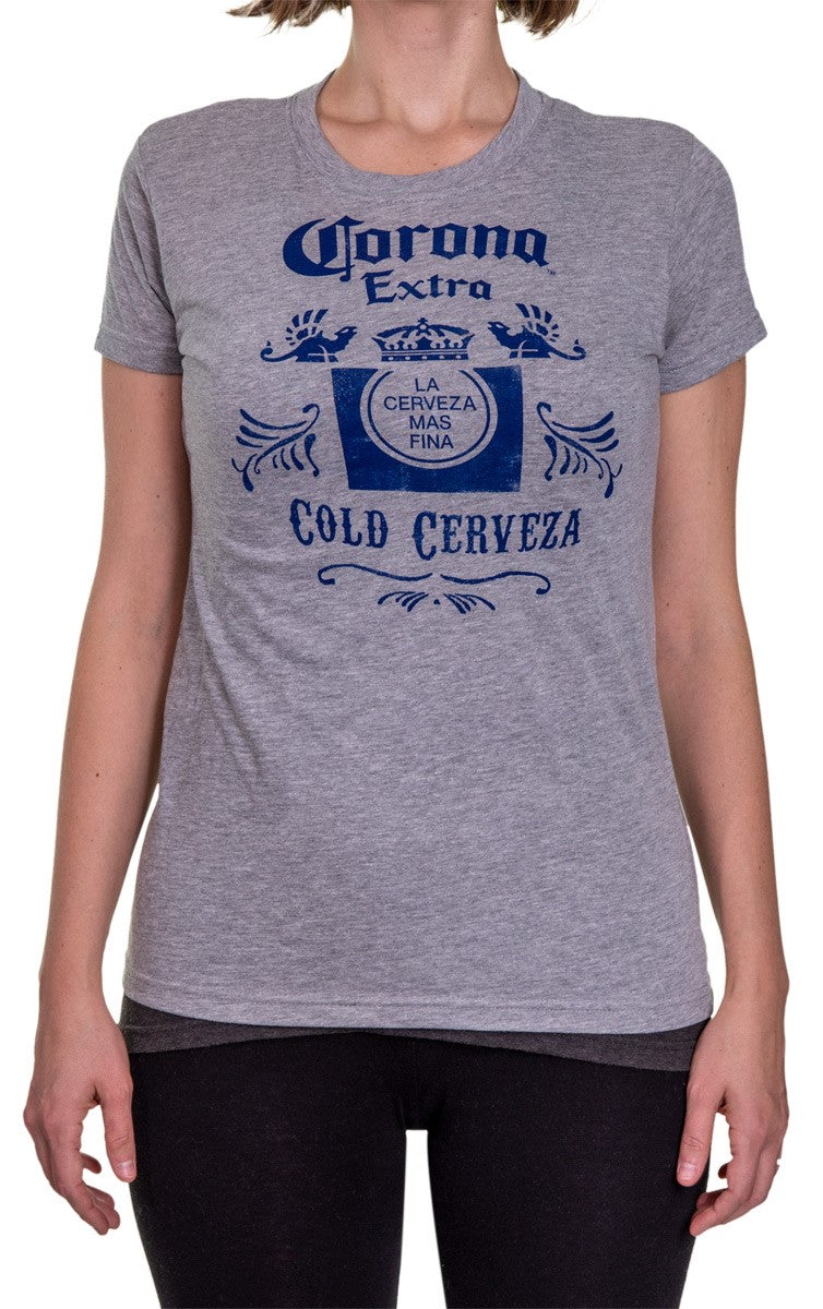 Ladies Corona Extra T-Shirt- Oxford Front Image With Blue Writing