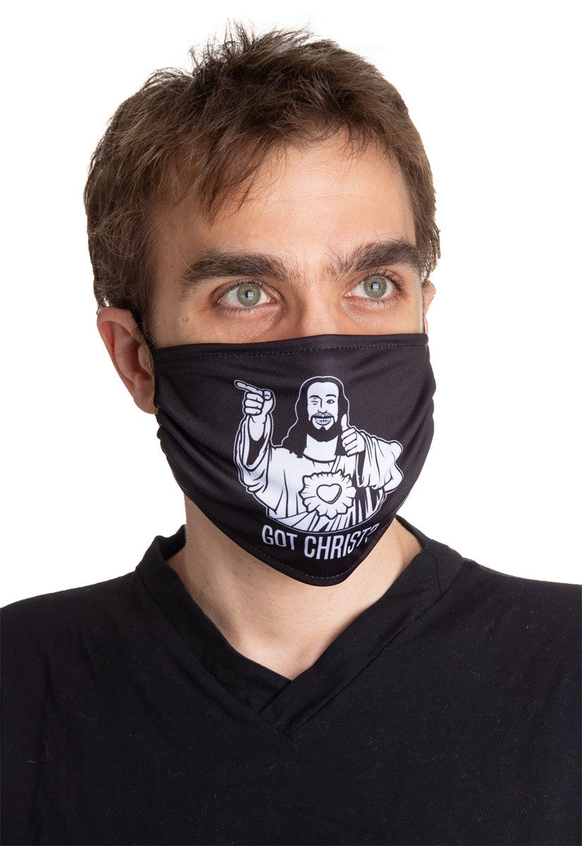 Got Christ Face Mask, Jay and Silent Bob Mask. Black Mask with White Print. Modeled.