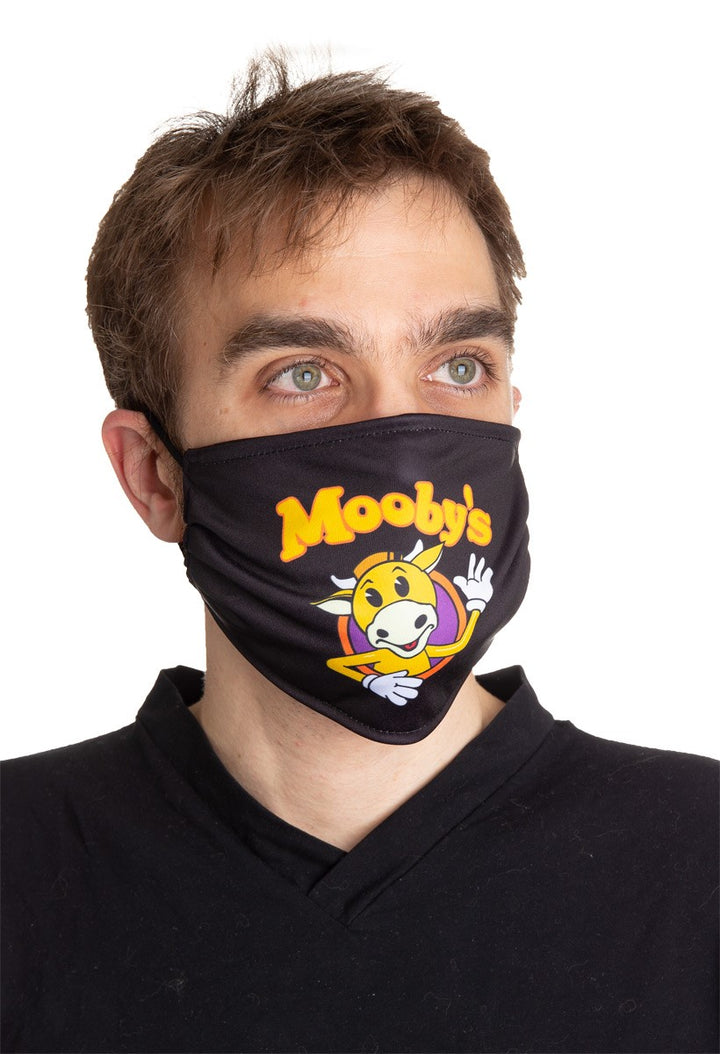 Mooby's Face Mask, Black Background, Modeled. Jay and Silent Bob Face Mask.