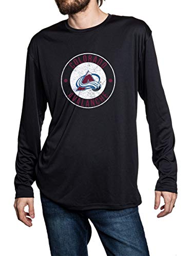 Colorado Avalanche loose fit long sleeve rashguard in black. Distressed logo place in middle of the chest.