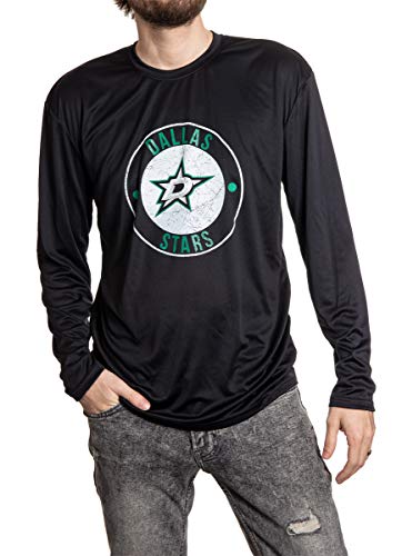 Dallas Stars loose fit long sleeve rashguard in black. Distressed logo in middle of the chest. 