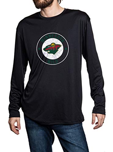 Minnesota Wild loose fit long sleeve rashguard in black, front view. Distressed logo in middle of the chest.