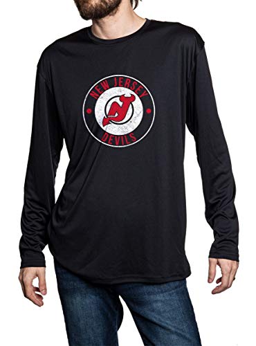 New Jersey Devils loose fit long sleeve rashguard in black, front view. Distressed logo in middle of the chest.
