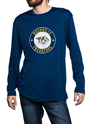 Nashville Predators lose fit long sleeve rashguard in blue, front view. Distressed logo in middle of chest.