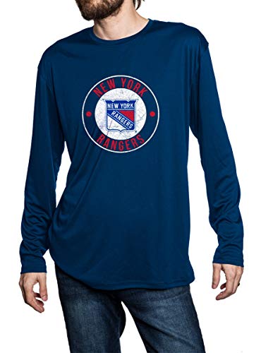 New York Rangers loose fit long sleeve rashguard in blue, front view. Distressed logo in middle of the chest.