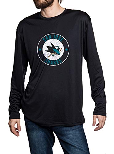 San Jose Sharks loose fit performance long sleeve rashguard in black, front view. Distressed logo in middle of the chest.