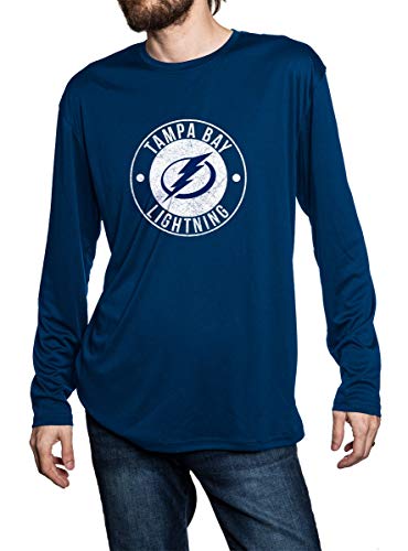 Tampa Bay Lightning loose fit long sleeve rashguard in blue, front view. Distressed Logo in middle of the chest.