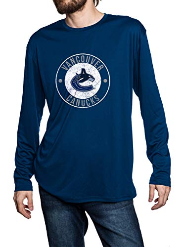 Vancouver Canucks loose fit performance long sleeve rashguard, front view. Distressed logo in middle of the chest.