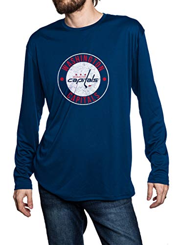 Washington Capitals loose fit performance long sleeve rashguard in navy, front view. Distressed Logo in middle of the chest.