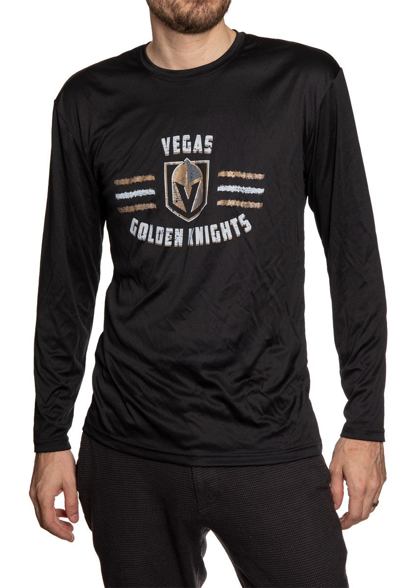 Men's Officially Licensed NHL Distressed Lines Long Sleeve Performance Rashguard Wicking Shirt- Vegas Golden Knights Full Front View