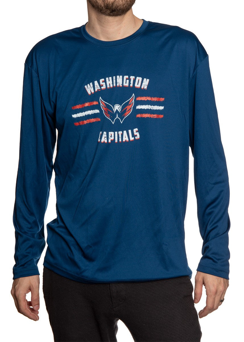 Men's Officially Licensed NHL Distressed Lines Long Sleeve Performance Rashguard Wicking Shirt- Washington Capitals Man Wearing Shirt Full Front View 