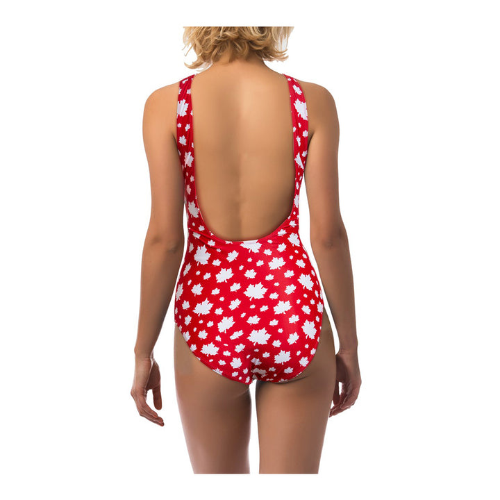 Ladies Canada Themed One Piece Swimsuit- Leaf Print