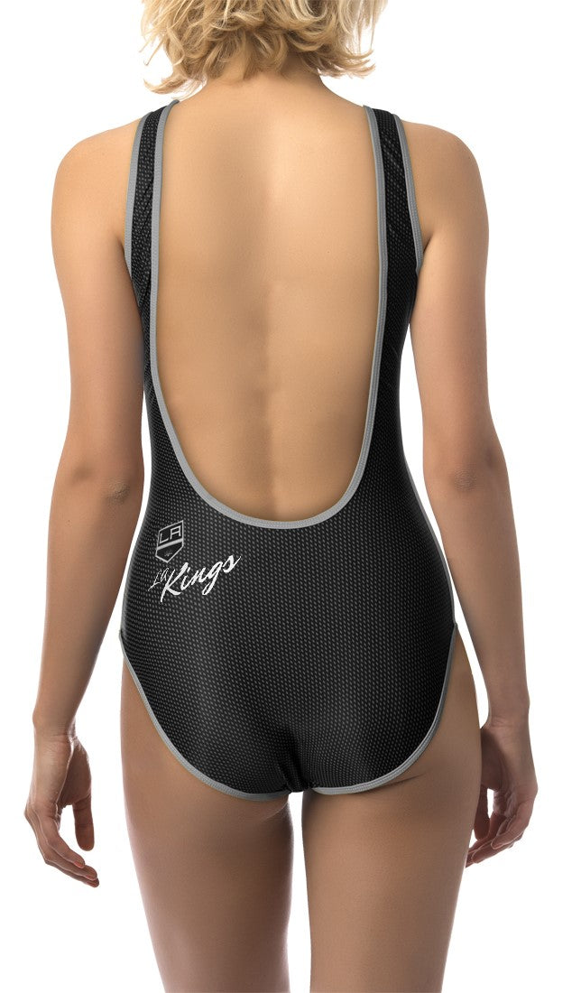 Los Angeles Kings One Piece Swimsuit for Women, Back View. Black and White Design.