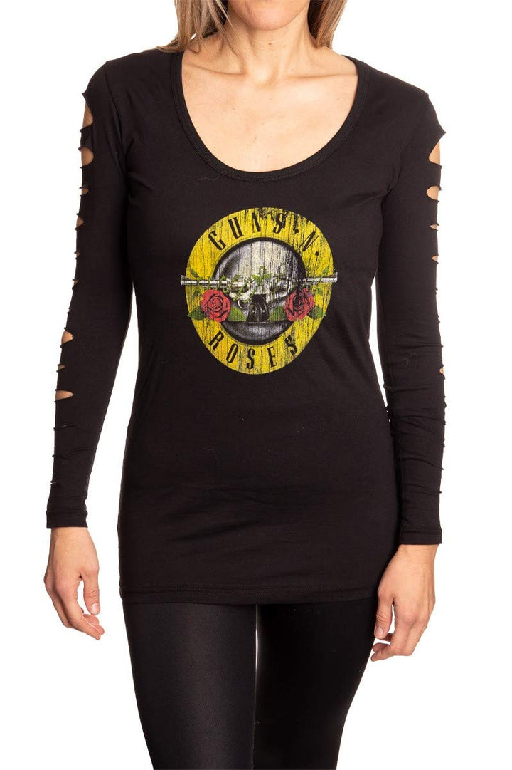 Guns N Roses Distressed Logo Long Sleeve in Black Front View