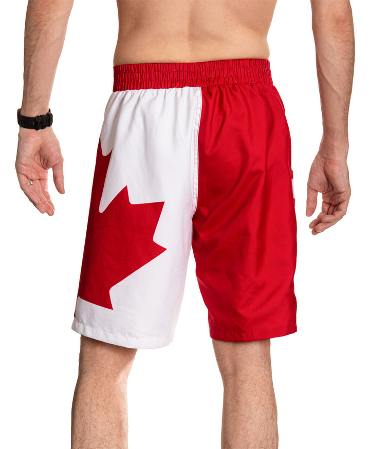 Red and White Canada Boardshort Swim Trunks. Back View.