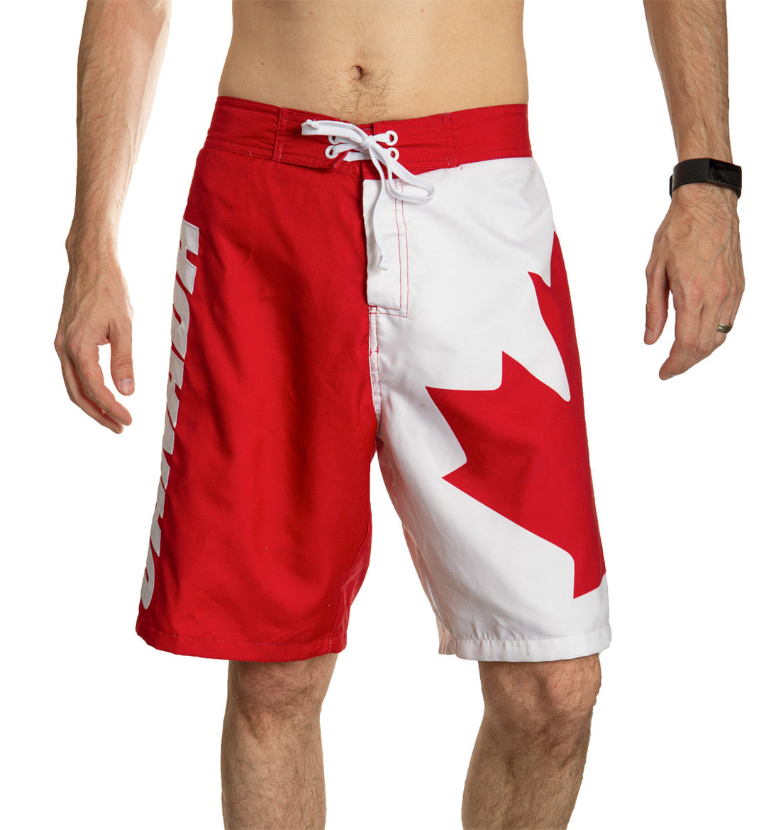Red and White Canada Boardshort Swim Trunks. Front View.
