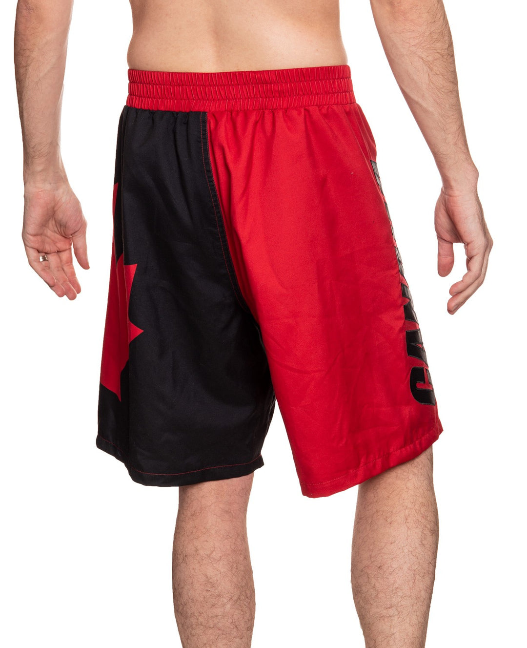 Canada Flag Boardshorts for Men in Red and Black Back View.