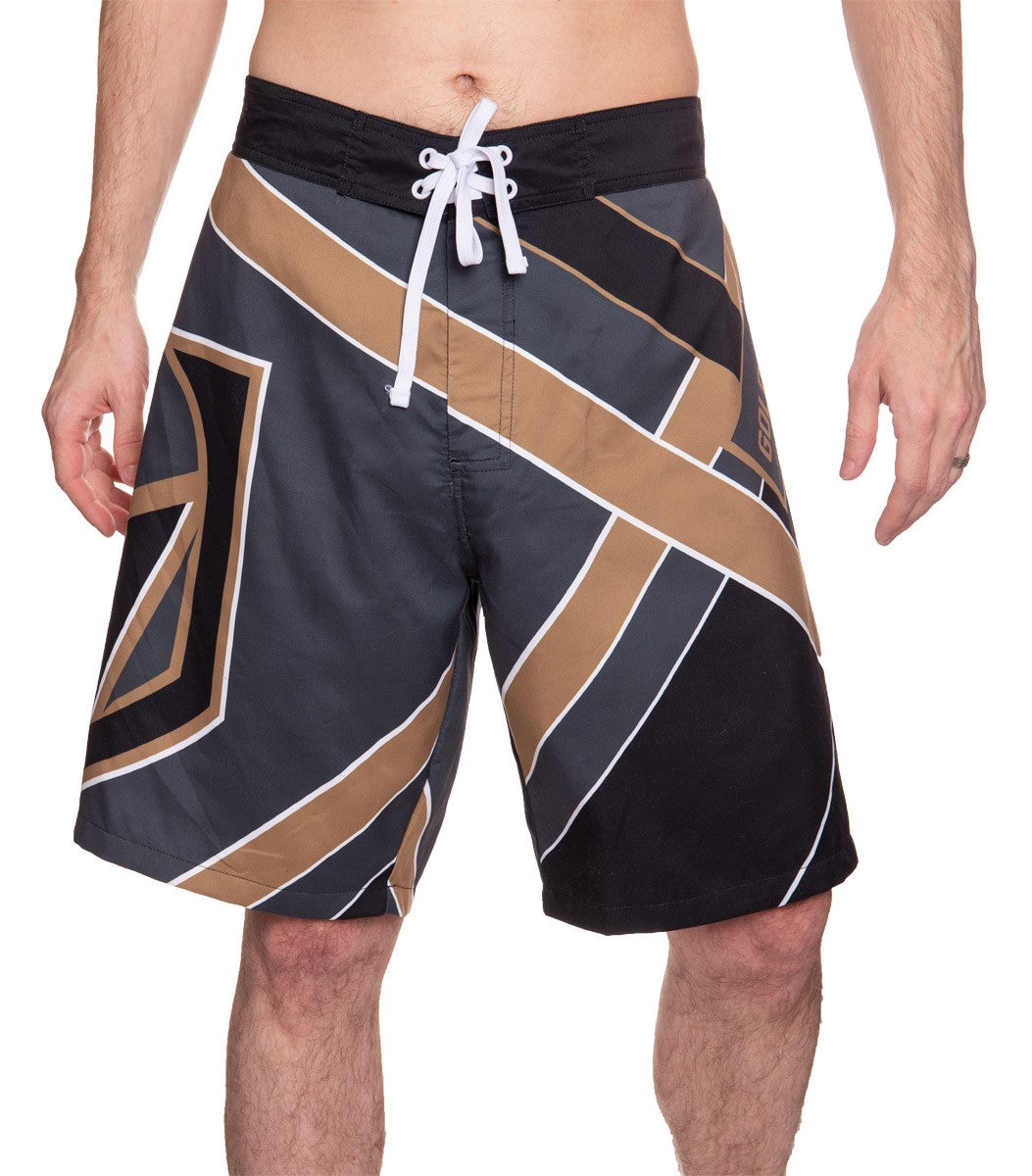 Men's Officially Licensed NHL Diagonal Boardshorts- Vegas Golden Knights Full Front Photo Man Wearing Shorts