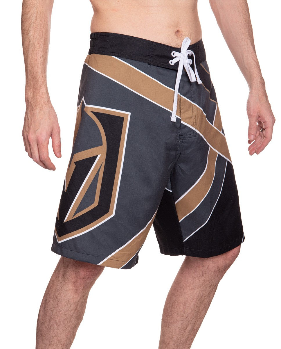Men's Officially Licensed NHL Diagonal Boardshorts- Vegas Golden Knights Full Side Photo With Full Side Leg Print Logo