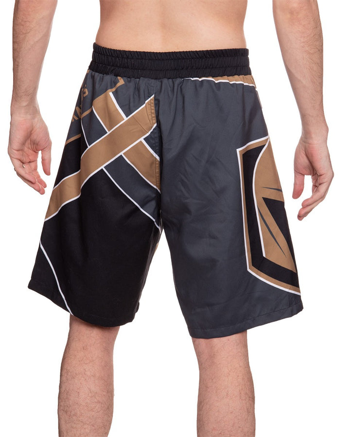 Men's Officially Licensed NHL Diagonal Boardshorts- Vegas Golden Knights Full Back Photo of Man Wearing Shorts