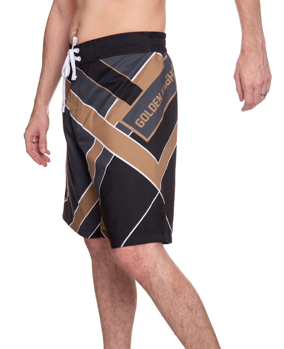Men's Officially Licensed NHL Diagonal Boardshorts- Vegas Golden Knights Full Side Photo With "Golden Knights" Written Across Thigh