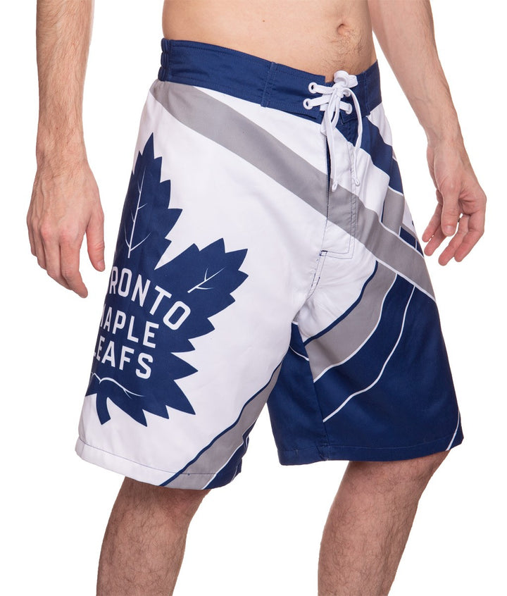 Men's Officially Licensed NHL Diagonal Boardshorts - Toronto Maple Leafs Full Side View With Full Leg Logo Of Maple Leaf With Writting Inside The Maple Leaf