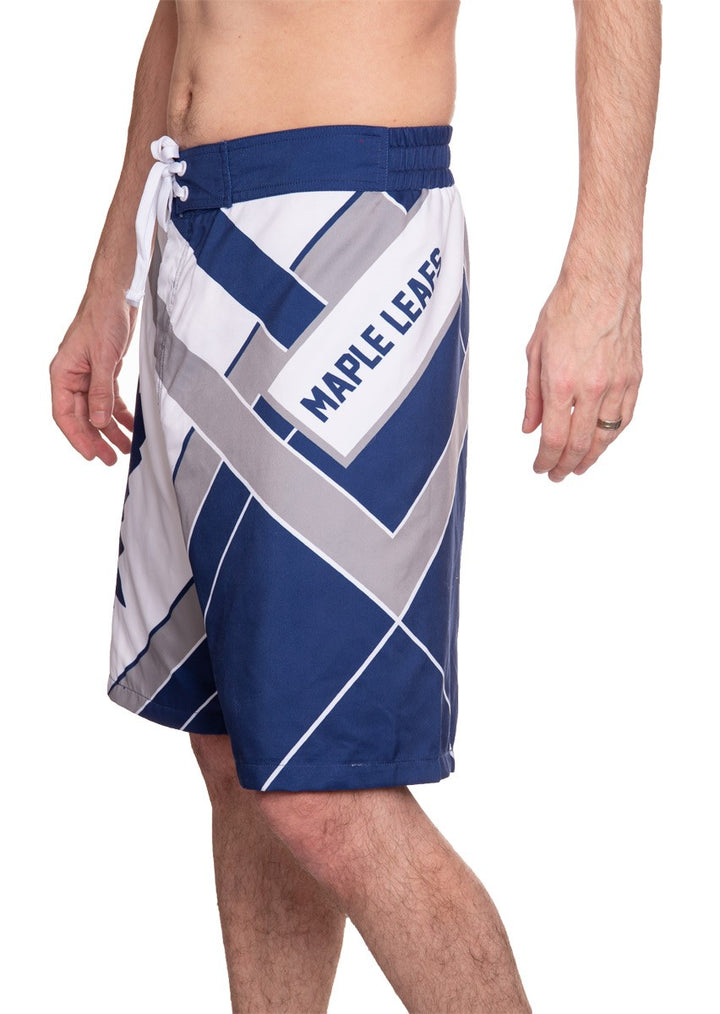Men's Officially Licensed NHL Diagonal Boardshorts - Toronto Maple Leafs Full Side Photo With Maple Leaf Written Words Across The Thigh 
