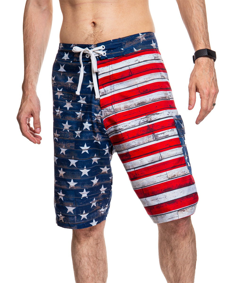 Men's USA Flag Distressed Boardshorts- Barnboard Full Front Image of Shorts 
