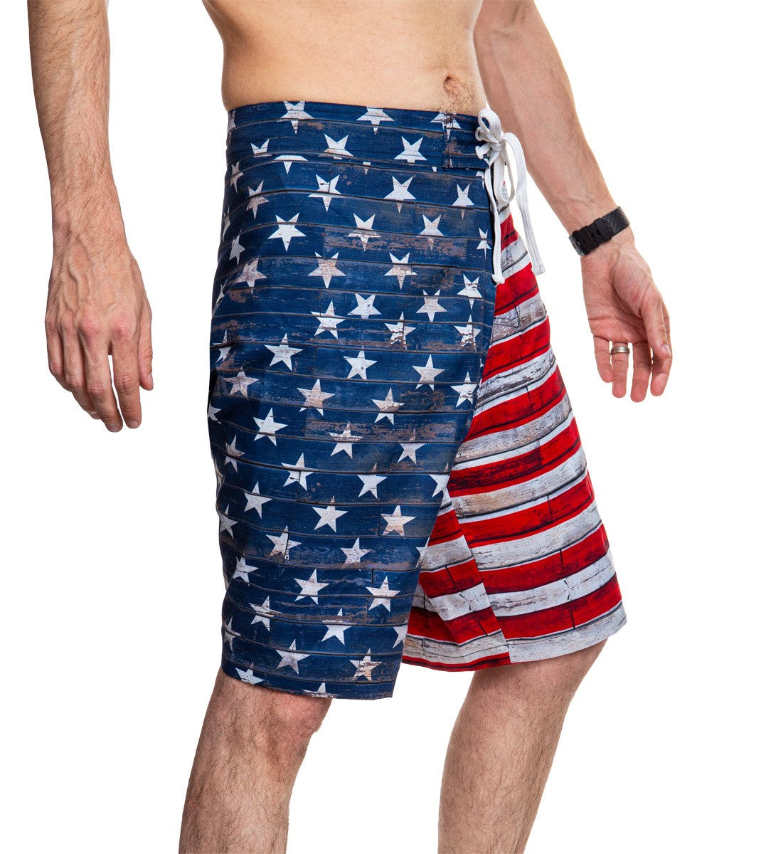 Men's USA Flag Distressed Boardshorts- Barnboard Side View With Blue Stars
