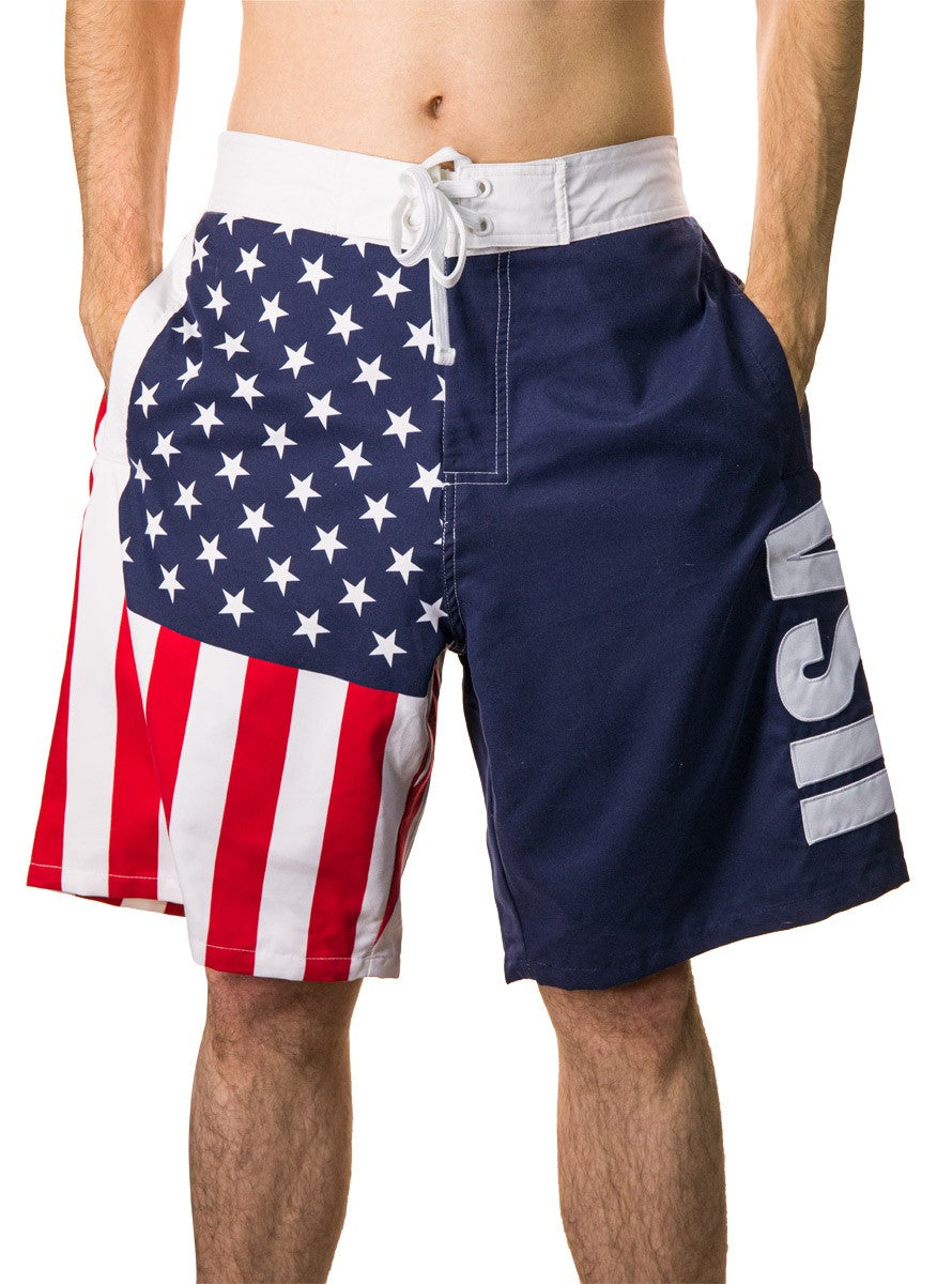 Men's Americana USA Flag Fourth of July Swim Board Shorts Hands In Pockets