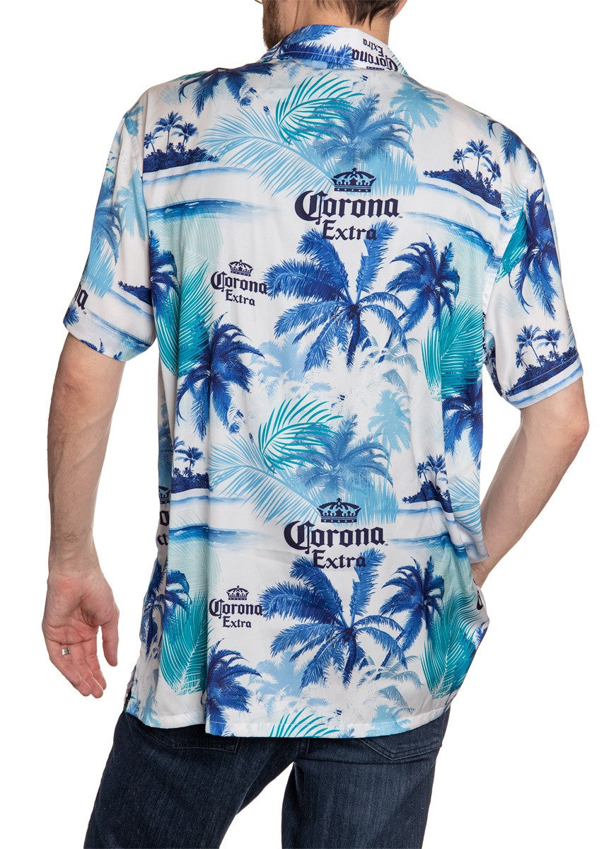 Men's Corona Extra Official Blue Palm Print Camp Shirt Full Back View All Over Print