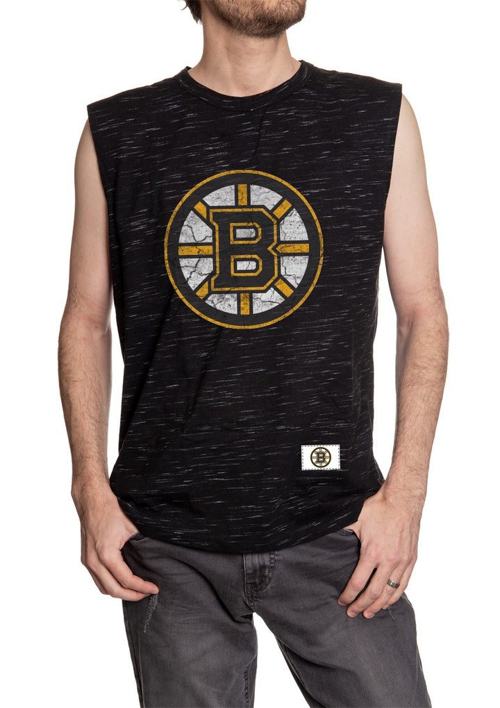 Men's Team Logo Crew Neck Space Dyed Cotton Sleeveless T-Shirt- Boston Bruins Front View with Logo 