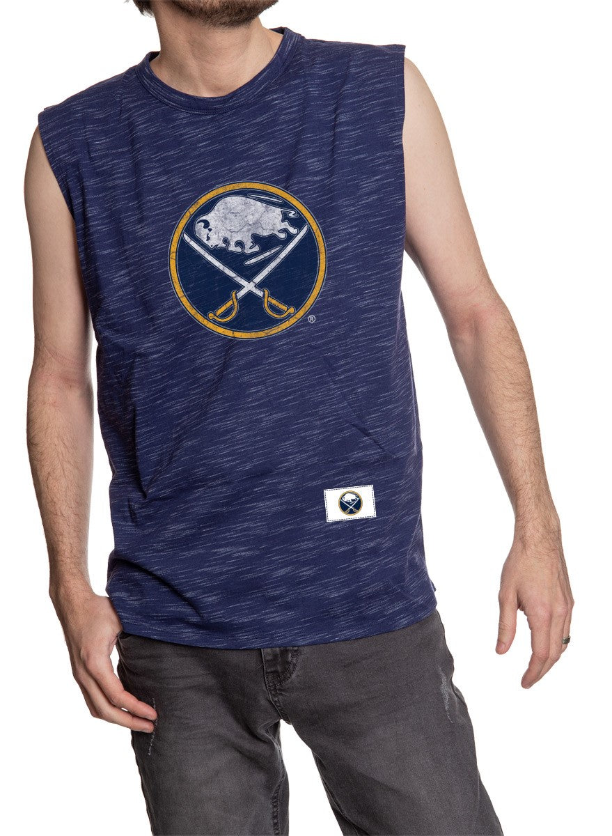 Men's Team Logo Crew Neck Space Dyed Cotton Sleeveless T-Shirt- Buffalo Sabres Man Wearing Shirt Front View With Logo