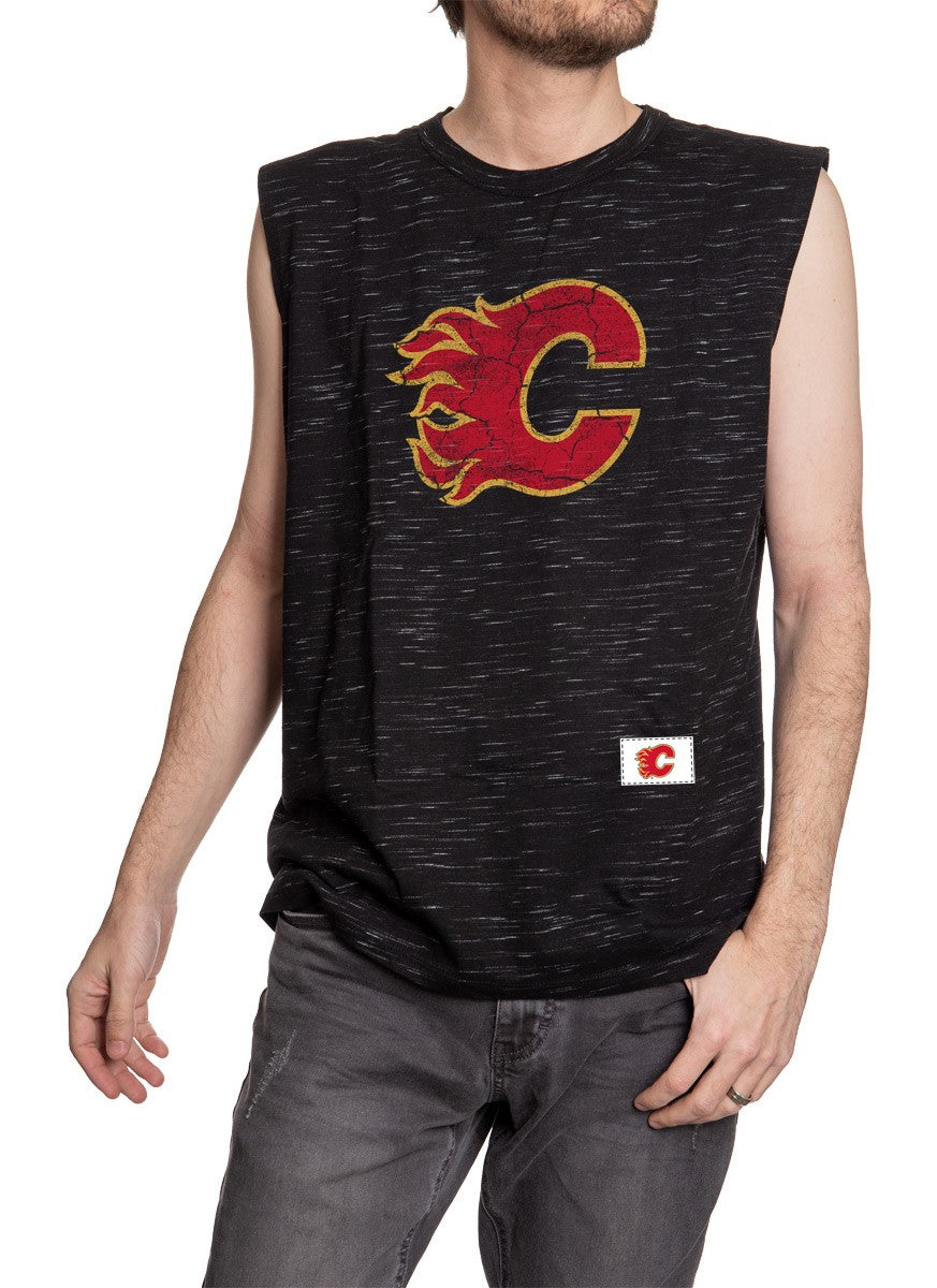 Men's Team Logo Crew Neck Space Dyed Cotton Sleeveless T-Shirt- Calgary Flames Man Wearing Shirt Front View With Logo