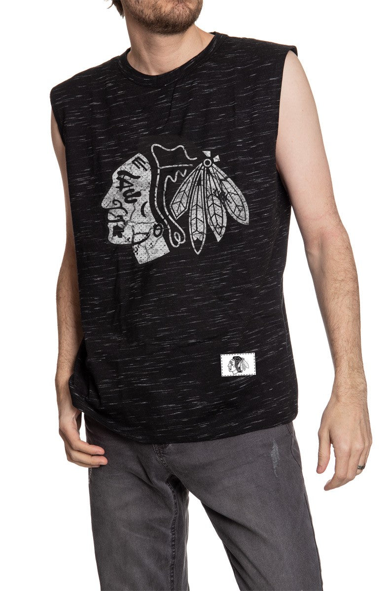 Men's Team Logo Crew Neck Space Dyed Cotton Sleeveless T-Shirt- Chicago Blackhawks Man Wearing Shirt Front View With Logo