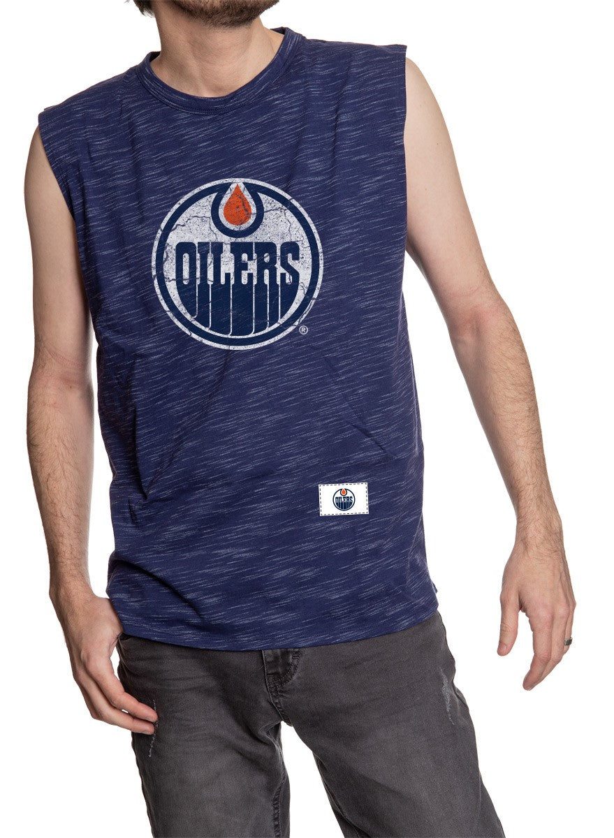 Men's Team Logo Crew Neck Space Dyed Cotton Sleeveless T-Shirt- Edmonton Oilers Full Front Logo Sleeve T-Shirt