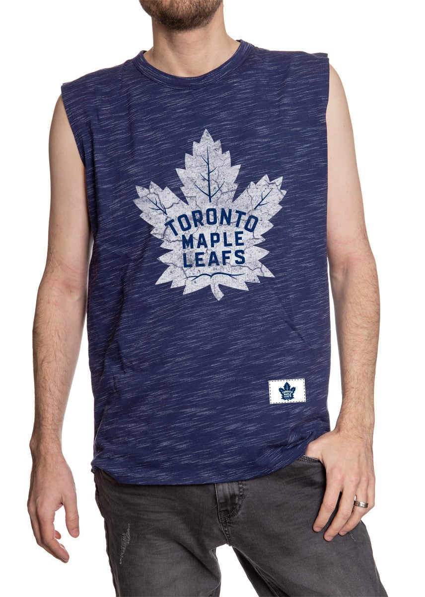 Men's Team Logo Crew Neck Space Dyed Cotton Sleeveless T-Shirt- Toronto Maple Leafs Full Length Front Logo