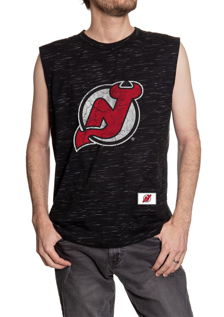 Men's Team Logo Crew Neck Space Dyed Cotton Sleeveless T-Shirt-  New Jersey Devils Full Front Logo 