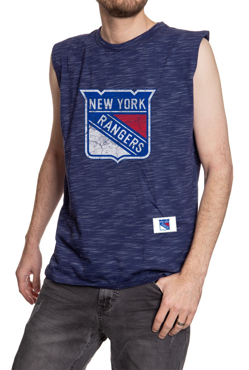 Men's Team Logo Crew Neck Space Dyed Cotton Sleeveless T-Shirt- New York Rangers Full Length Logo Photo