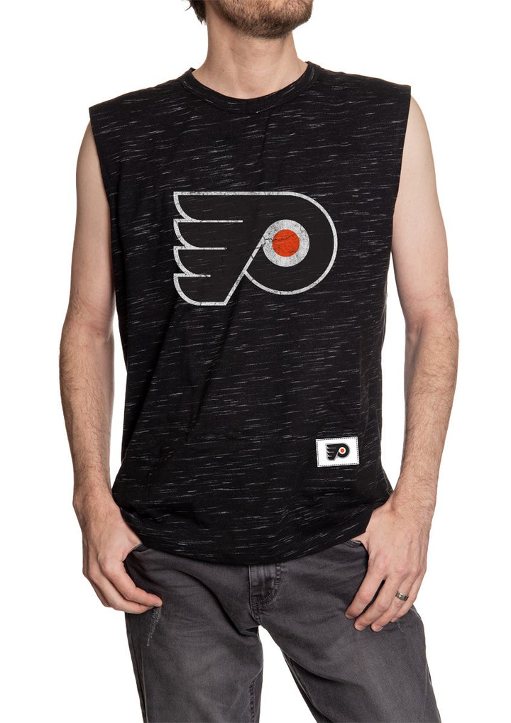 Men's Team Logo Crew Neck Space Dyed Cotton Sleeveless T-Shirt- Philadelphia Flyers Full Length Logo Front 