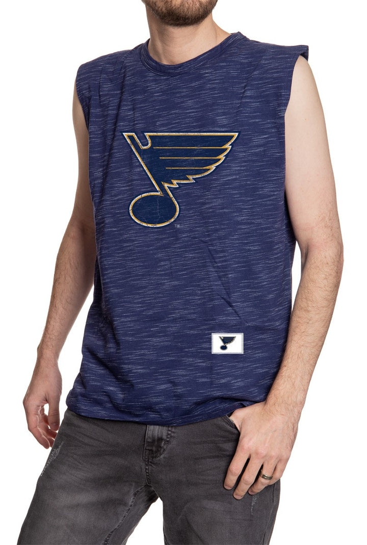 Men's Team Logo Crew Neck Space Dyed Cotton Sleeveless T-Shirt- St.Louis Blues Full Length Logo From Front