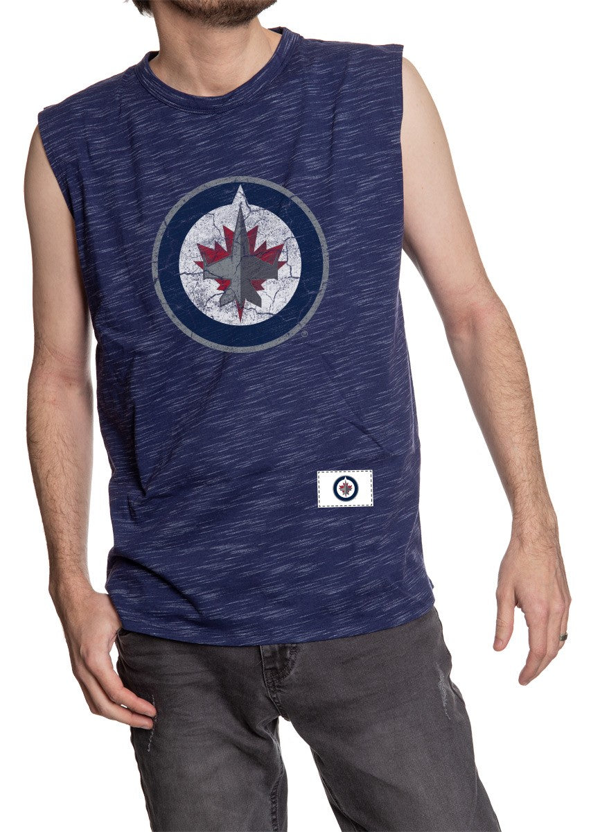 Men's Team Logo Crew Neck Space Dyed Cotton Sleeveless T-Shirt-  Winnipeg Jets Full Length Logo Front Photo