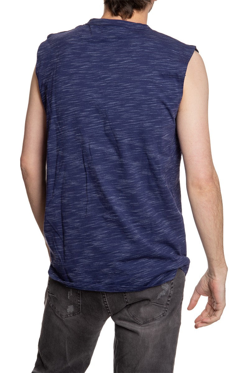 Men's Team Logo Crew Neck Space Dyed Cotton Sleeveless T-Shirt- Buffalo Sabres Man Wearing Shirt Back View Plain 