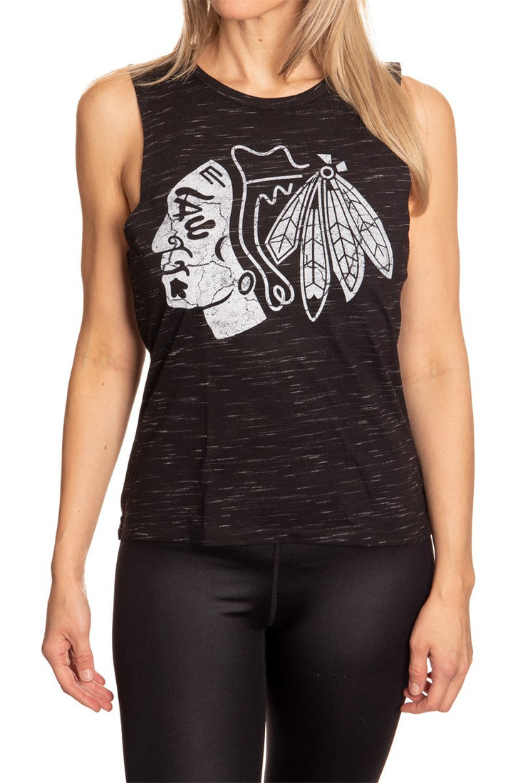 Ladies NHL Team Logo Crew Neck Space Dyed Sleeveless Tank Top Shirt- Chicago Blackhawks  Full Front View With Logo